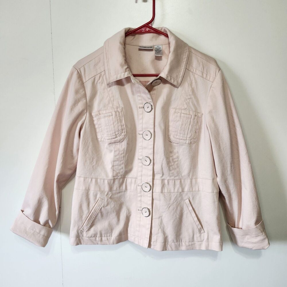 Chico’s Blush Pink Utility Jacket Womens Size 2 (12) Button Front Cotton Spandex